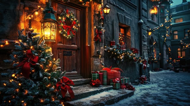 Christmas decoration with fir trees and lanterns in street of old city in Europe at night. Holiday illumination outdoors.