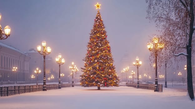 Decorated Christmas tree with colorful lights and a shining star on top in an illuminated winter city street at night.