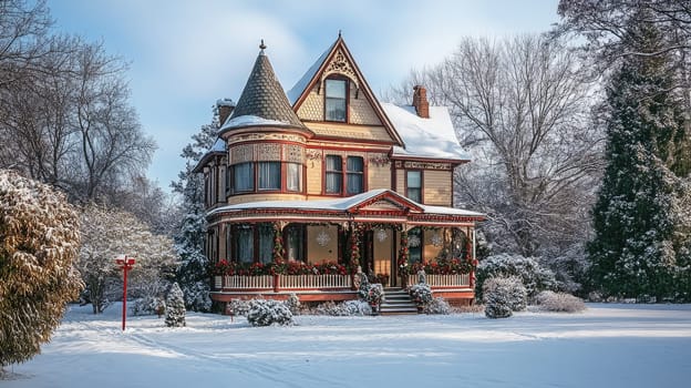 German style house in park covered with snow. Beautiful serene winter view of an old mansion.