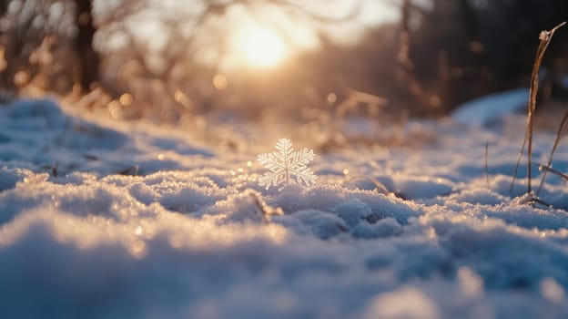 Sunlit snowflake in the snow in the woods. Seasonal winter image with copy space.