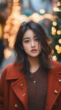 Beautiful young model looking Asian woman wearing winter clothes in city street illuminated with Christmas lights. Festive holiday background.