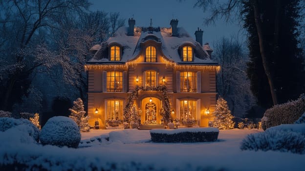 French style house decorated and illuminated for Christmas and New Year. City mansion in winter park covered with snow.