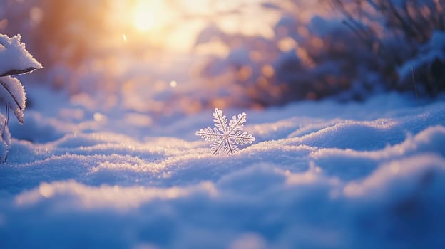 Sunlit snowflake on the snow on white and blue background. Seasonal winter image with copy space.