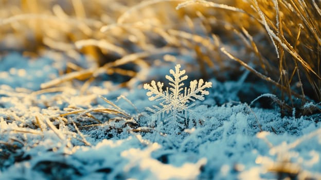 Sunlit snowflake in the snow on the ground. Seasonal winter image with copy space.