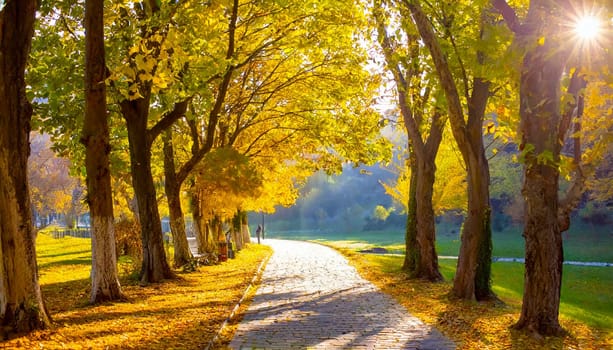 Autumn Pathway With Golden Trees - Generative AI