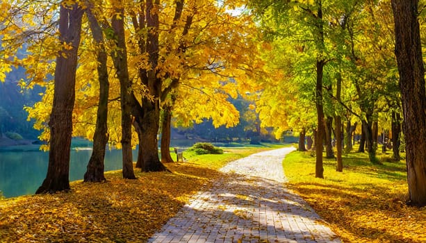 Autumn Pathway With Golden Trees - Generative AI