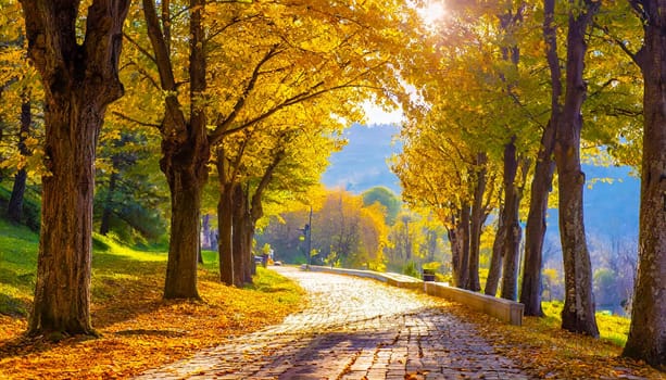 Autumn Pathway With Golden Trees - Generative AI