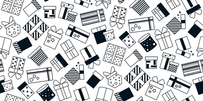 Gift boxes seamless pattern doodle sketch style. Monochrome black silhouette gifts background. Hand drawn holiday print with surprises for textile, packaging, paper, fabric, design, vector graphics