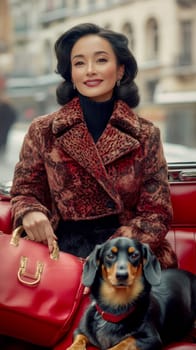 An elegant woman in the back seat of a luxury car, with  dachshund. AI generative.