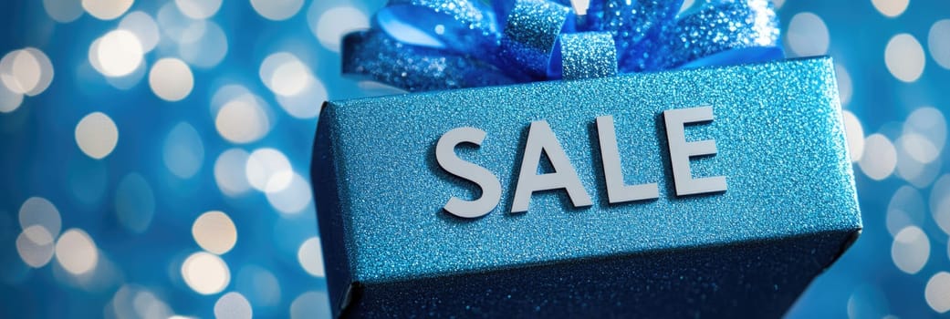 Gift box with ribbon and word sale on this background. Horizontal banner sale with copy space