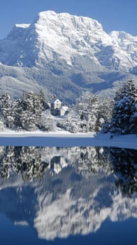 Church on an island on a lake in the mountains. AI generative.