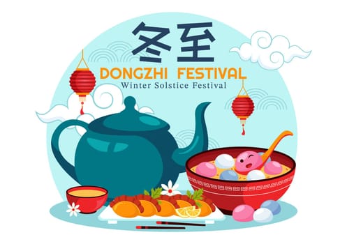 Dongzhi Festival Translation. Winter Solstice Festival Vector Illustration featuring Chinese Foods Tangyuan and Jiaozi in a Traditional Background
