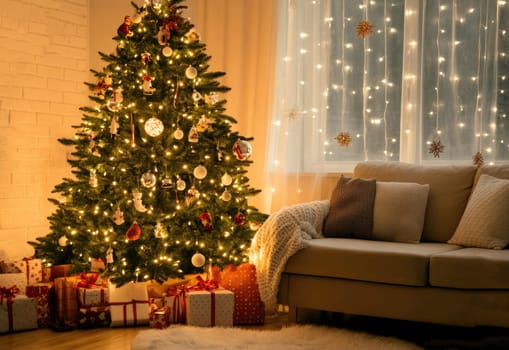 Cozy home atmosphere on Christmas Eve. Living room with soft sofa and fireplace, decorated New Year tree with gifts and illumination