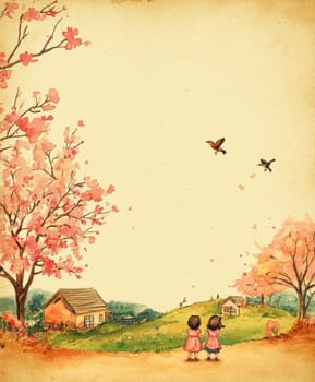 Little girls playing in the garden,in the sky birds and in the distance you can see the house.AI generative.