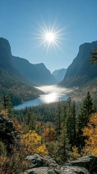 sunlight casting over foggy mountains and an autumn forest. AI generative.