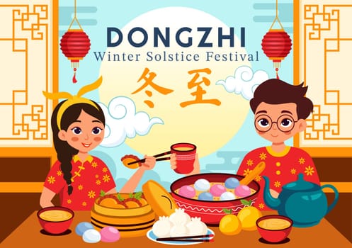 Dongzhi Festival Translation. Winter Solstice Festival Vector Illustration featuring Chinese Foods Tangyuan and Jiaozi in a Traditional Background