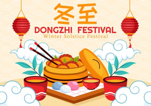 Dongzhi Festival Translation. Winter Solstice Festival Vector Illustration featuring Chinese Foods Tangyuan and Jiaozi in a Traditional Background