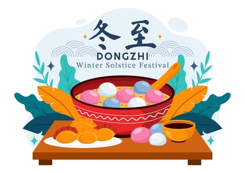 Dongzhi Festival Translation. Winter Solstice Festival Vector Illustration featuring Chinese Foods Tangyuan and Jiaozi in a Traditional Background