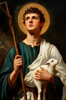 Saint John the Baptist, holding a shepherd's staff and holding a white lamb on one shoulder. AI generative.