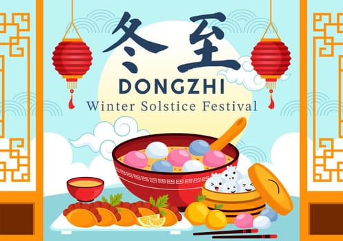 Dongzhi Festival Translation. Winter Solstice Festival Vector Illustration featuring Chinese Foods Tangyuan and Jiaozi in a Traditional Background