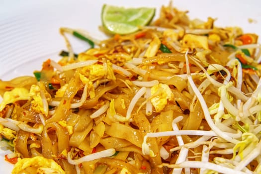 Traditional pad thai with eggs and sprouts.