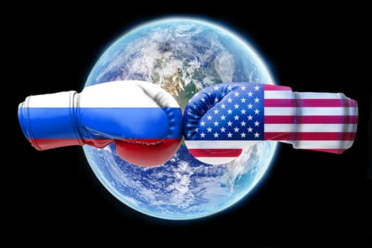 3D illustration flags of Russia and USA on planet world background.