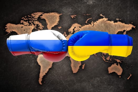 3D illustration flags of Russia and Ukraine on boxing gloves on a map world background.