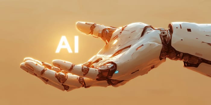 robot hand gently holding an 'AI' logo in its palm. AI generative.