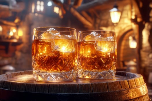 Two elegant, crystal-clear glasses of whiskey with ice cubes. AI generative.