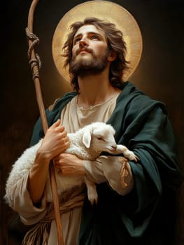 Saint John the Baptist, holding a shepherd's staff and holding a white lamb on one shoulder. AI generative.