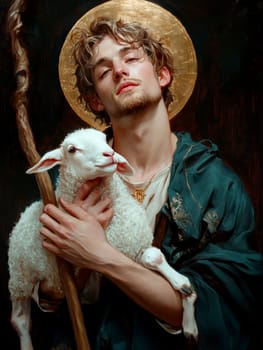 Saint John the Baptist, holding a shepherd's staff and holding a white lamb on one shoulder. AI generative.