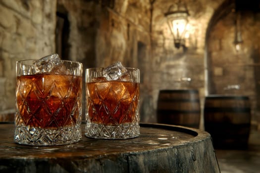 Two elegant, crystal-clear glasses of whiskey with ice cubes. AI generative.