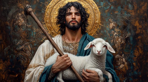 Saint John the Baptist, holding a shepherd's staff and holding a white lamb on one shoulder. AI generative.