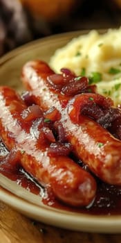 Traditional Polish dish, potatoes with baked kielbasa and onion sauce. AI generative.