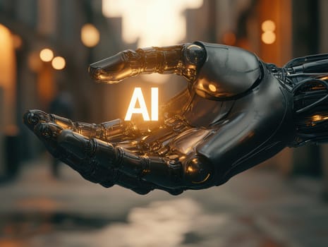 robot hand gently holding an 'AI' logo in its palm. AI generative.