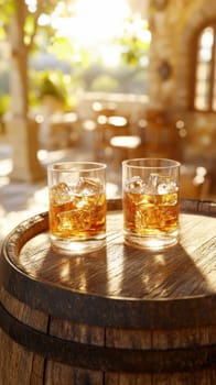 Two elegant, crystal-clear glasses of whiskey with ice cubes. AI generative.