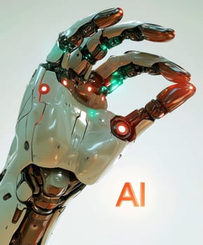 robot hand gently holding an 'AI' logo in its palm. AI generative.