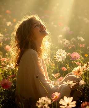 A positive, smiling girl sitting on a sunlit meadow . AI generative.