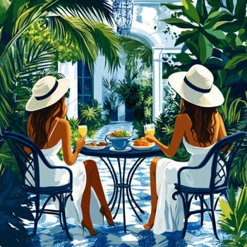 modern tea garden talking women, simple illustration style. AI generative.
