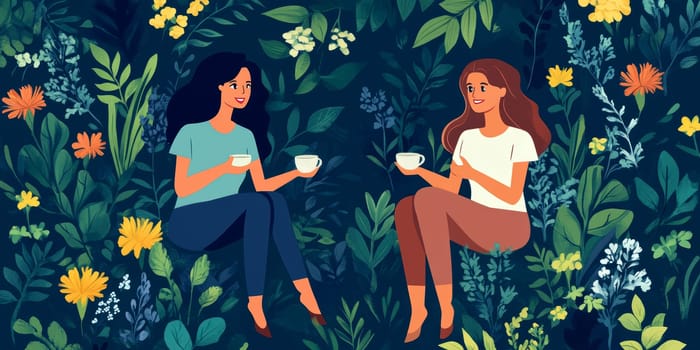 modern tea garden talking women, simple illustration style. AI generative.