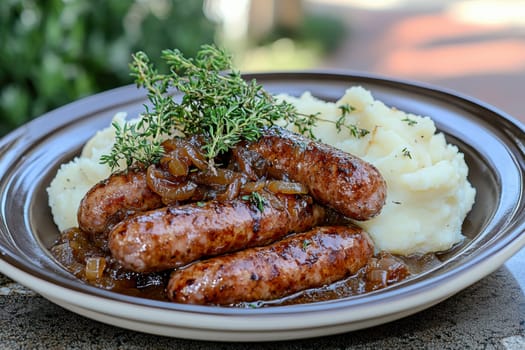 Traditional Polish dish, potatoes with baked kielbasa and onion sauce. AI generative.