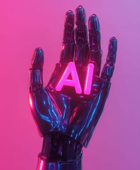 robot hand gently holding an 'AI' logo in its palm. AI generative.