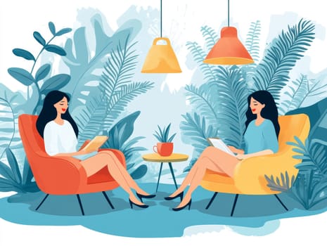 modern tea garden talking women, simple illustration style. AI generative.