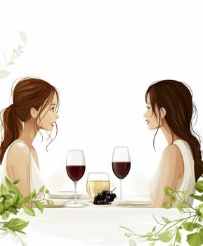 modern tea garden talking women, simple illustration style. AI generative.