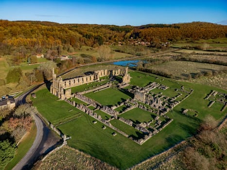 Aerial view of the ruins of Byland Abbey in the North York Moors National Park in North Yorkshire, England. Dates from 1135.