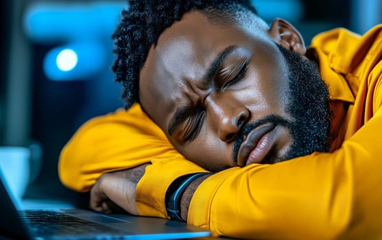 Tired professional in yellow hoodie sleeping on laptop at workplace, showcasing overtime work and burnout in tech industry.