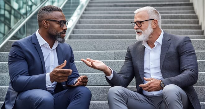 Two businessmen in suits having animated discussion while sitting on modern office building steps, showing professional collaboration.