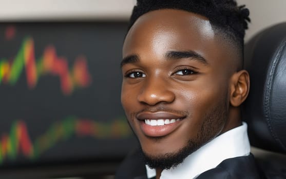 Portrait of a confident young businessman in a suit with elegant white collar, sitting in an office setting with financial data charts in the background.