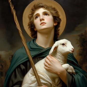 Saint John the Baptist, holding a shepherd's staff and holding a white lamb on one shoulder. AI generative.