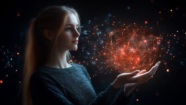 Young woman with long blonde hair contemplating floating network sphere of glowing connections, representing future technology and innovation.
